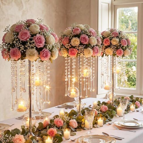 Novabright 6 Pack Tall Crystal Wedding Centerpieces with Hanging Acrylic Globes - 21.7 Inch Tall Silver Wedding Flower Stand Vases for LED Candles Dinner Ceremony Party Event Tables Decorations in Kuwait