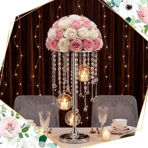 Novabright 6 Pack Tall Crystal Wedding Centerpieces with Hanging Acrylic Globes - 21.7 Inch Tall Silver Wedding Flower Stand Vases for LED Candles Dinner Ceremony Party Event Tables Decorations in Kuwait