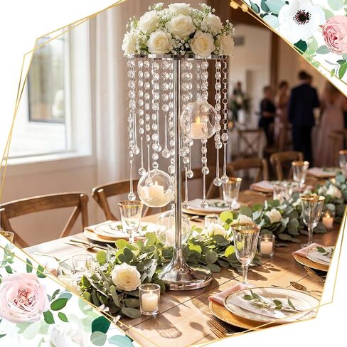 Novabright 6 Pack Tall Crystal Wedding Centerpieces with Hanging Acrylic Globes - 21.7 Inch Tall Silver Wedding Flower Stand Vases for LED Candles Dinner Ceremony Party Event Tables Decorations in Kuwait