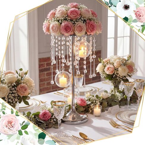 Novabright 6 Pack Tall Crystal Wedding Centerpieces with Hanging Acrylic Globes - 21.7 Inch Tall Silver Wedding Flower Stand Vases for LED Candles Dinner Ceremony Party Event Tables Decorations in Kuwait