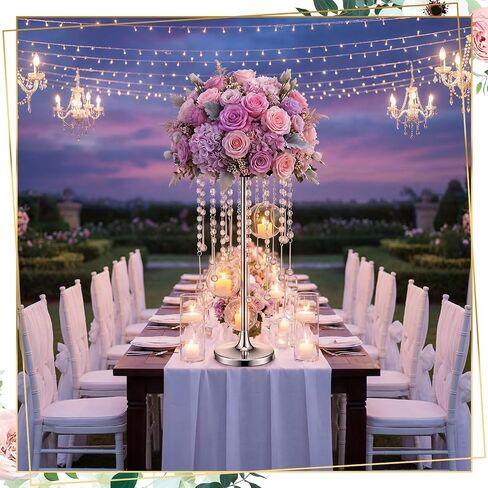 Novabright 6 Pack Tall Crystal Wedding Centerpieces with Hanging Acrylic Globes - 21.7 Inch Tall Silver Wedding Flower Stand Vases for LED Candles Dinner Ceremony Party Event Tables Decorations in Kuwait