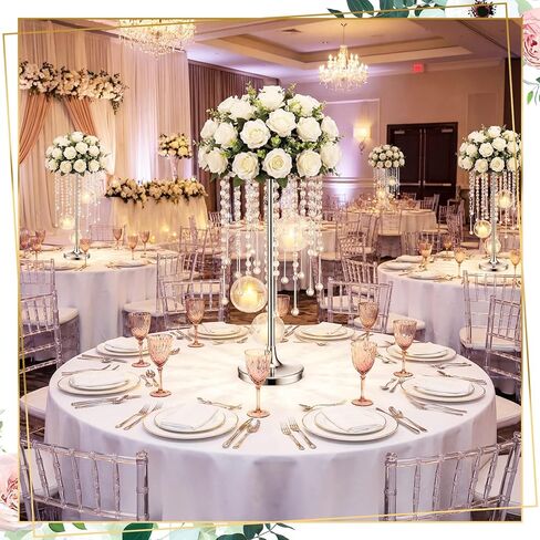 Novabright 6 Pack Tall Crystal Wedding Centerpieces with Hanging Acrylic Globes - 21.7 Inch Tall Silver Wedding Flower Stand Vases for LED Candles Dinner Ceremony Party Event Tables Decorations in Kuwait