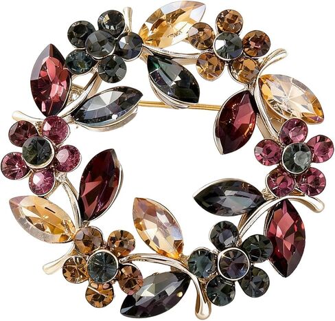 Sparkling Wreath Olive Branch Floral Brooch, Multicolor Vintage Brooches for Women Floral Leaf Round Pin, Elegant Flower Jewelry Accessories for Wedding Party Banquet Gifts in Kuwait