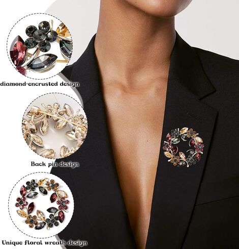 Sparkling Wreath Olive Branch Floral Brooch, Multicolor Vintage Brooches for Women Floral Leaf Round Pin, Elegant Flower Jewelry Accessories for Wedding Party Banquet Gifts in Kuwait