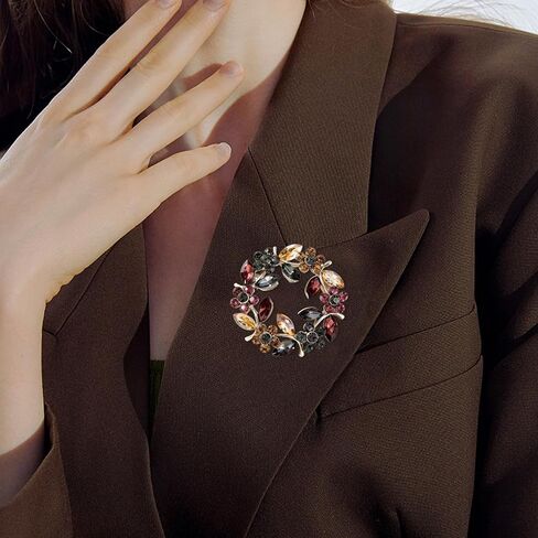 Sparkling Wreath Olive Branch Floral Brooch, Multicolor Vintage Brooches for Women Floral Leaf Round Pin, Elegant Flower Jewelry Accessories for Wedding Party Banquet Gifts in Kuwait