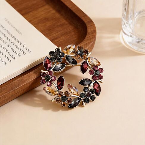 Sparkling Wreath Olive Branch Floral Brooch, Multicolor Vintage Brooches for Women Floral Leaf Round Pin, Elegant Flower Jewelry Accessories for Wedding Party Banquet Gifts in Kuwait