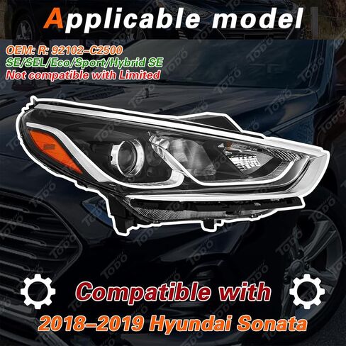 TODO Headlight Assembly Compatible with Hyundai Sonata 2018 2019, Halogen w/Bulbs, Right Passenger Side (92101-C2500) in Saudi Arabia