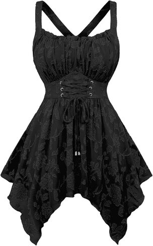 ROSE GAL Plus Size Women Flower Jacquard Lace-up Ruched Sleeveless Blouse Flowy Handkerchief Hem Tank Top in Saudi Arabia