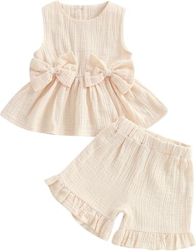 Kupretty Toddler Girl Summer Linen Bows Cami Top Ruffle Short Set | 12 18 24 Months 2T 3T 4T 5T Baby Girl Clothing Set Gauze Cotton Bowknots Sleeveless Peplum Blouse & Ruffle Shorts Set in Saudi Arabia