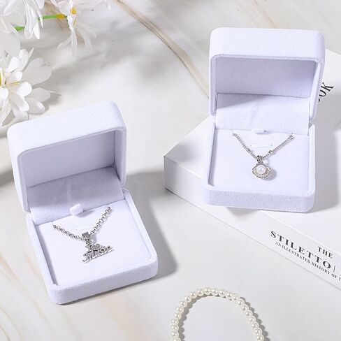 2 Pcs Classic Velvet Necklace Pendant Box for Jewelry Gift, Premium Small Velvet Jewelry Display Jewellry Packaging Storage Case, Wedding Engagement Birthday Anniversary Box (White) in Kuwait