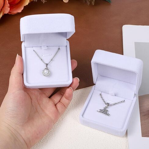 2 Pcs Classic Velvet Necklace Pendant Box for Jewelry Gift, Premium Small Velvet Jewelry Display Jewellry Packaging Storage Case, Wedding Engagement Birthday Anniversary Box (White) in Kuwait