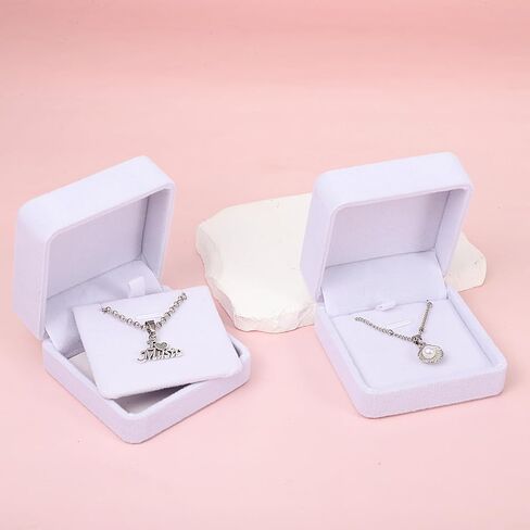 2 Pcs Classic Velvet Necklace Pendant Box for Jewelry Gift, Premium Small Velvet Jewelry Display Jewellry Packaging Storage Case, Wedding Engagement Birthday Anniversary Box (White) in Kuwait