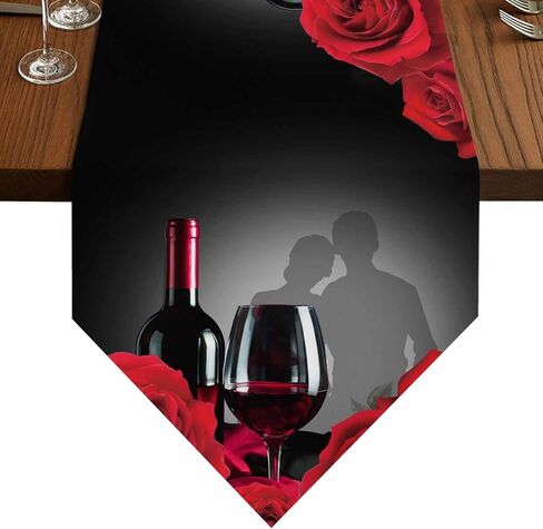 LooPoP Valentine's Day Red Rose Flower Wine Table Runner-Cotton Linen-Long 70 Inches Dresser Scarves, Farmhouse Table Runner for Wedding Dining End Table Decor Black in Kuwait