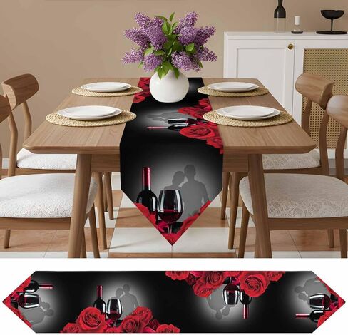 LooPoP Valentine's Day Red Rose Flower Wine Table Runner-Cotton Linen-Long 70 Inches Dresser Scarves, Farmhouse Table Runner for Wedding Dining End Table Decor Black in Kuwait