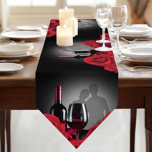 LooPoP Valentine's Day Red Rose Flower Wine Table Runner-Cotton Linen-Long 70 Inches Dresser Scarves, Farmhouse Table Runner for Wedding Dining End Table Decor Black in Kuwait