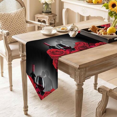 LooPoP Valentine's Day Red Rose Flower Wine Table Runner-Cotton Linen-Long 70 Inches Dresser Scarves, Farmhouse Table Runner for Wedding Dining End Table Decor Black in Kuwait