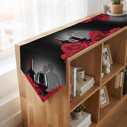 LooPoP Valentine's Day Red Rose Flower Wine Table Runner-Cotton Linen-Long 70 Inches Dresser Scarves, Farmhouse Table Runner for Wedding Dining End Table Decor Black in Kuwait