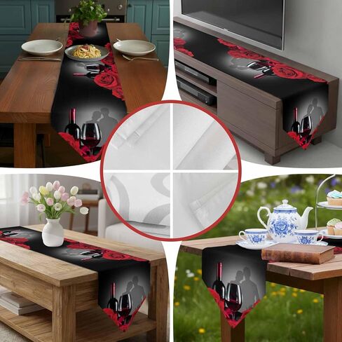LooPoP Valentine's Day Red Rose Flower Wine Table Runner-Cotton Linen-Long 70 Inches Dresser Scarves, Farmhouse Table Runner for Wedding Dining End Table Decor Black in Kuwait