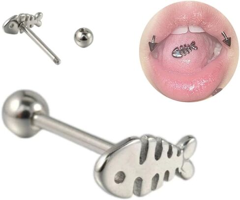 14G Stainless Steel Fishbone Tongue Rings for Women Cute Silver Little Fish Tongue Barbell Studs Tongue Cartilage Piercing Jewelry in Kuwait