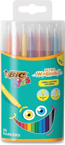 BIC Kids Markers, Ultra Washable, Durable Case, Long-Lasting, Bullet Tip (2.8mm), Assorted Colors, 20-Pack in Saudi Arabia