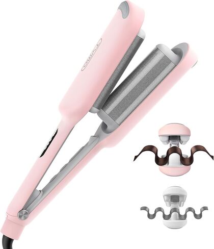 Curling Iron Hair Crimper Waver - TYMO ROVY Beach Waves Curling Wand, Ionic Deep Waver Hair Curler Tool with Ceramic 3 Barrel for Women, Dual Voltage, Anti-Scald, Easy to Use, Pink, 1.25 Inch in Kuwait