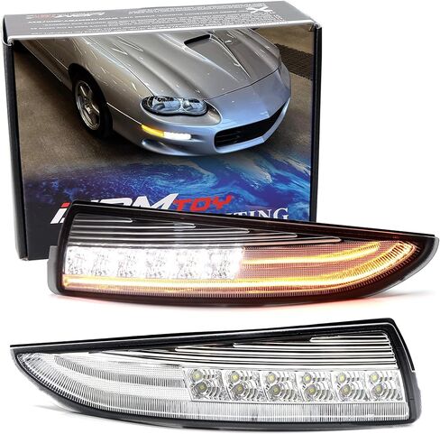 iJDMTOY عدسة مدخنة سوداء اللون LED DRL/ليزر مجموعة مصابيح إشارة الانعطاف الأمامية المتسلسلة متوافقة مع 1993-2002 شيفروليه كامارو، زينون أبيض LED لوقوف السيارات/القيادة وميض LED كهرماني كامل in Saudi Arabia