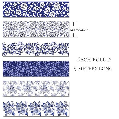 6 Rolls Blue Washi Tape, 12 Styles Blue Porcelain Washi Tape Set for Journaling, Random 6 Designs in Kuwait