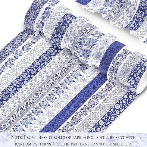 6 Rolls Blue Washi Tape, 12 Styles Blue Porcelain Washi Tape Set for Journaling, Random 6 Designs in Kuwait