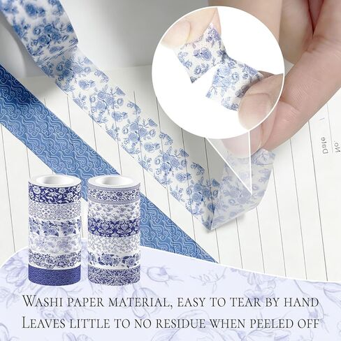 6 Rolls Blue Washi Tape, 12 Styles Blue Porcelain Washi Tape Set for Journaling, Random 6 Designs in Kuwait
