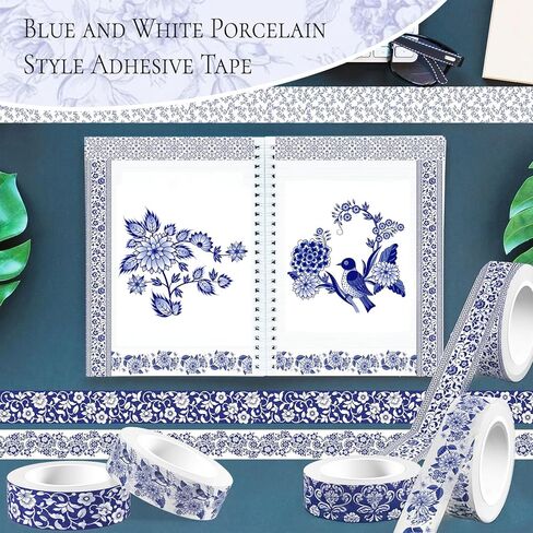 6 Rolls Blue Washi Tape, 12 Styles Blue Porcelain Washi Tape Set for Journaling, Random 6 Designs in Kuwait