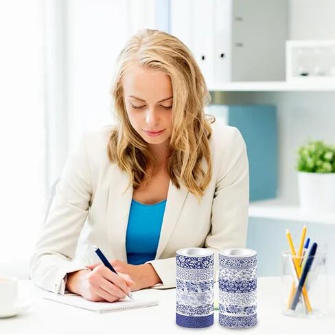 6 Rolls Blue Washi Tape, 12 Styles Blue Porcelain Washi Tape Set for Journaling, Random 6 Designs in Kuwait