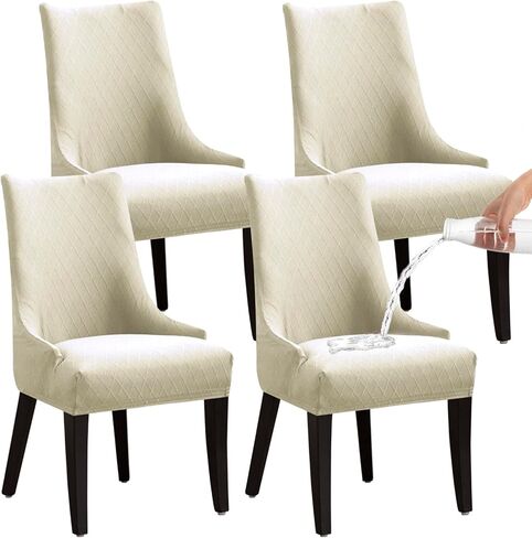 أغطية كراسي بظهر مجنح هندسية قابلة للتمدد من KELUINA - غطاء واقي كرسي بذراع قابل لإعادة الاستخدام، أغطية كراسي طعام قابلة للغسل لغرفة الطعام (بيج، مجموعة من 4) in Kuwait
