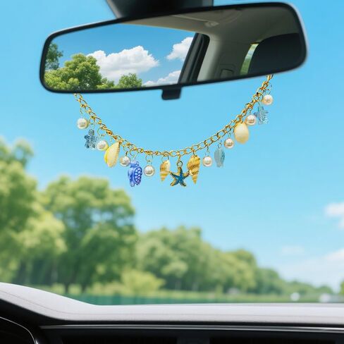 Sea Starfish Turtle Car Rear View Mirror Accessories, Ocean Inspired Conch Charm Hanging Ornament, Cute Car Decor,Automotive Interior Decoration for Women (Blue) in Kuwait