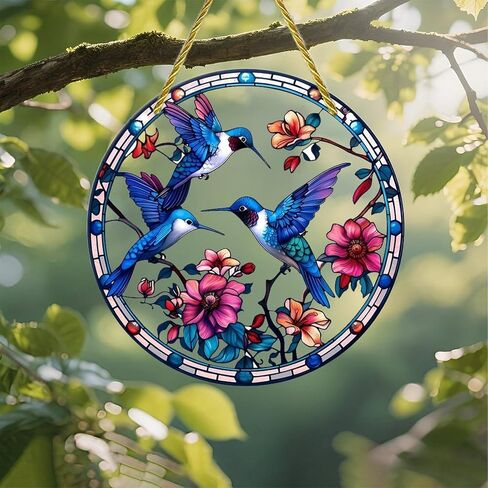 Colorful Acrylic Suncatcher, Hummingbirds Flowers Circular Design 7-inch Hanging Window Wall Art Decor with Printed Stained Glass Style Design, Gift Idea & Garden Ornament Indoor Outdoor Use in Saudi Arabia