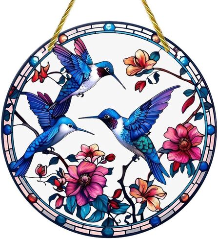 Colorful Acrylic Suncatcher, Hummingbirds Flowers Circular Design 7-inch Hanging Window Wall Art Decor with Printed Stained Glass Style Design, Gift Idea & Garden Ornament Indoor Outdoor Use in Saudi Arabia
