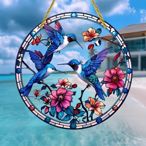 Colorful Acrylic Suncatcher, Hummingbirds Flowers Circular Design 7-inch Hanging Window Wall Art Decor with Printed Stained Glass Style Design, Gift Idea & Garden Ornament Indoor Outdoor Use in Saudi Arabia