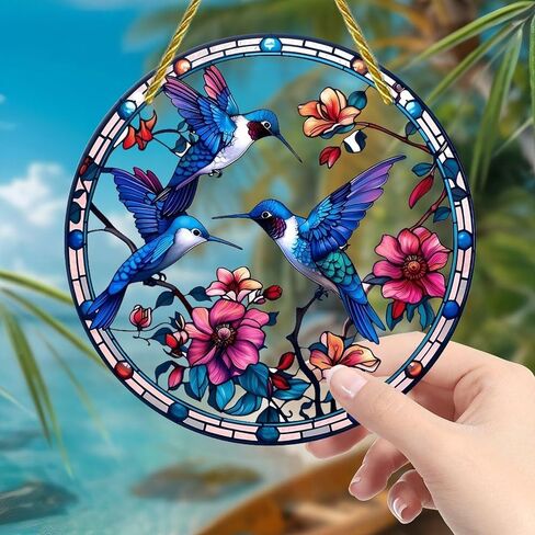 Colorful Acrylic Suncatcher, Hummingbirds Flowers Circular Design 7-inch Hanging Window Wall Art Decor with Printed Stained Glass Style Design, Gift Idea & Garden Ornament Indoor Outdoor Use in Saudi Arabia