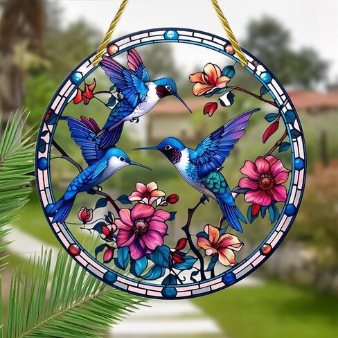 Colorful Acrylic Suncatcher, Hummingbirds Flowers Circular Design 7-inch Hanging Window Wall Art Decor with Printed Stained Glass Style Design, Gift Idea & Garden Ornament Indoor Outdoor Use in Saudi Arabia