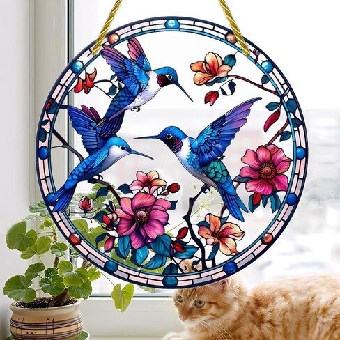 Colorful Acrylic Suncatcher, Hummingbirds Flowers Circular Design 7-inch Hanging Window Wall Art Decor with Printed Stained Glass Style Design, Gift Idea & Garden Ornament Indoor Outdoor Use in Saudi Arabia