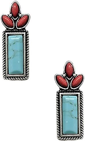 Rosemarie & Jubalee Western Style Earrings, Turquoise Howlite and Coral Red Stones, Rectangular Stud Design, 1.18" in Saudi Arabia