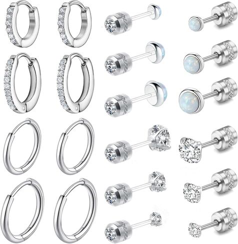 10 Pairs Stud Earrings for Women, Surgical Steel Earrings Set Lightweight and Trendy 316L CZ Cartilage Earlobes Hypoallergenic(Sliver), Small in Kuwait