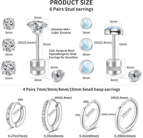 10 Pairs Stud Earrings for Women, Surgical Steel Earrings Set Lightweight and Trendy 316L CZ Cartilage Earlobes Hypoallergenic(Sliver), Small in Kuwait