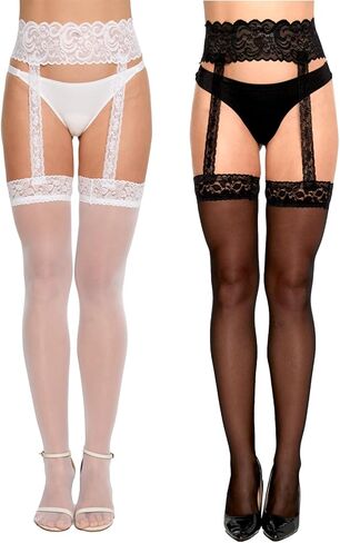2 Pack Women's Sheer Thigh High Suspender Stockings - Lace Garter Tights with Anti-Skid Silicone & High Waist for Work Dates Weddings and Special Events in Saudi Arabia