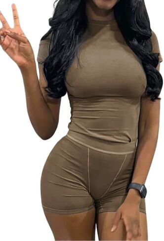 طقم ملابس مكون من قطعتين للنساء، تي شيرت بياقة دائرية، وقميص قصير وسروال قصير لراكبي الدراجات النارية، بدلات رياضية نشطة مثيرة in Kuwait