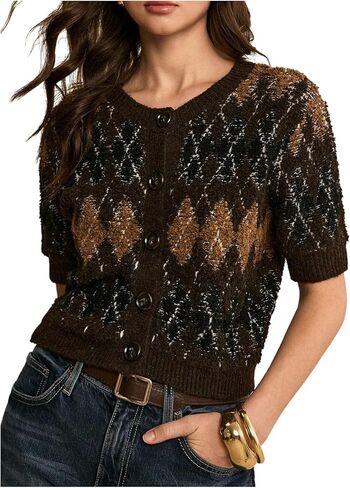 Women's Plaid Button Up Cardigan Old Money Short Sleeve Knit Work Office Cropped Sweaters in Saudi Arabia