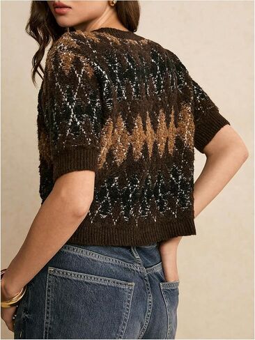 Women's Plaid Button Up Cardigan Old Money Short Sleeve Knit Work Office Cropped Sweaters in Saudi Arabia