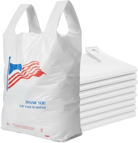 Easy Open HDPE Plastic Bag - 500 Bags/case - "American Flag" White T-Shirt Bag -1/6 BBL 11.5"x 6.5"x 21" - 18 microns - For Retail, Groceries, Merchandise, Convenience Store, Supermarket, Restaurant in Kuwait