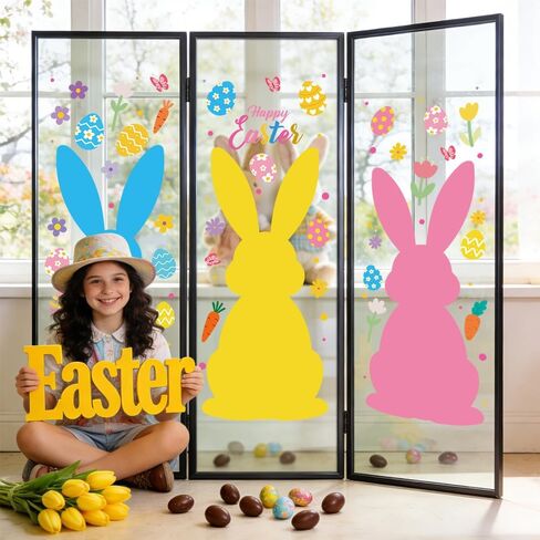 6 Sheets Extra Large Easter Window Clings Cute Bunny Rabbit Double-Sided Peeps Window Stickers Decoration, 11.8 * 33.8 Inch in Kuwait