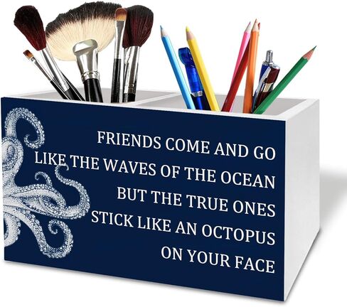 Funny Friend Gifts Pen Holder for Desk, Navy Blue Octopus Friends Come and Go Wooden Box Sign Desk Decor for Home Office Decoration, Friendship Gifts Pencil Organizer in Kuwait