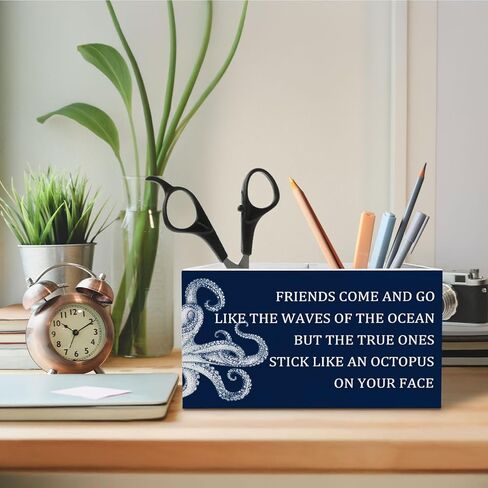 Funny Friend Gifts Pen Holder for Desk, Navy Blue Octopus Friends Come and Go Wooden Box Sign Desk Decor for Home Office Decoration, Friendship Gifts Pencil Organizer in Kuwait